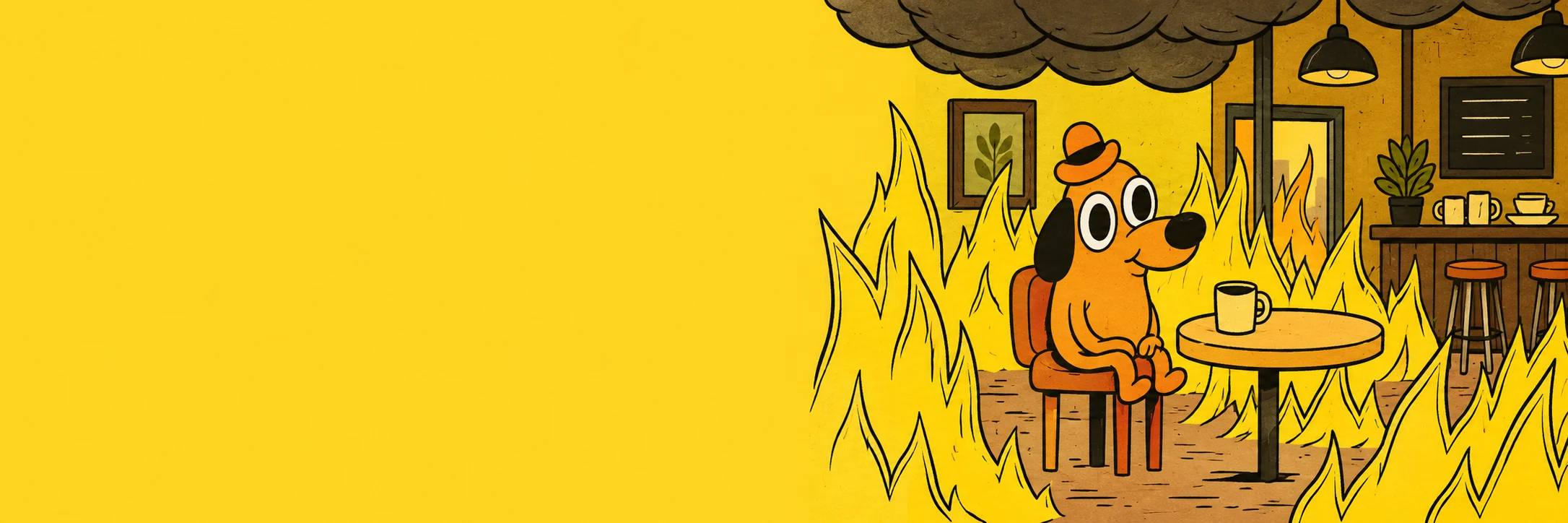 The FINE dog enjoying coffee in a room full of flames