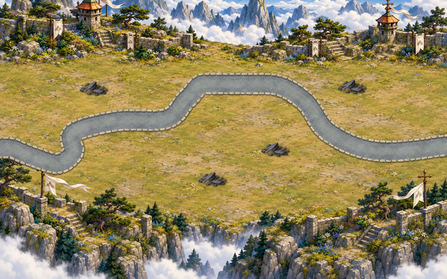 Highwind Terrace battlefield with a winding road and mountain fortifications